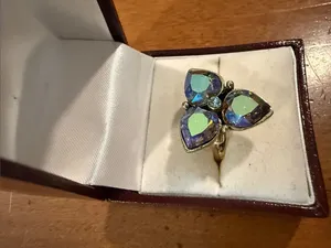Adjustable Gold-Tone Ring with Iridescent Purple-Blue Teardrop Stones thumbnail 3