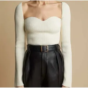 Pixie Market White Ribbed Sweetheart Neck Long Sleeve Knit Top Small thumbnail 7