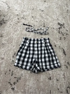 Madewell Black & White Check Linen Blend Paperbag Belted Shorts Size 4 thumbnail 2