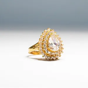 Vintage Lind Pear Cut Layered Cubic Zirconia Cocktail Ring: 14K HGE Gold, Size 6 thumbnail 5
