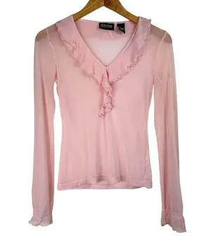 Vtg Y2K Pink Sheer Ruffle Neck Top Sz XS thumbnail 1