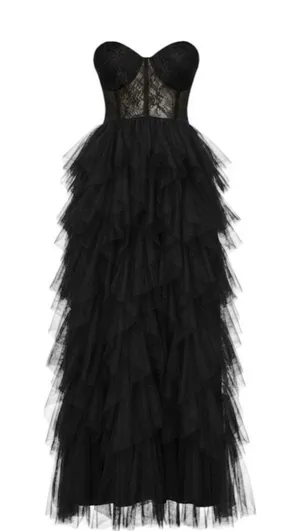Faeriesty Maxi Dress Sz 1XL Black Lace Corset Tiered Tulle Gown‎ Goth Prom thumbnail 1
