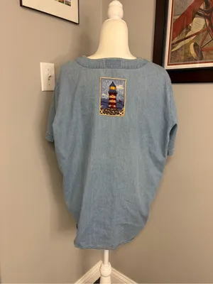 Vintage Quacker Factory womens nautical baseball button up shirt sailboats denim thumbnail 4