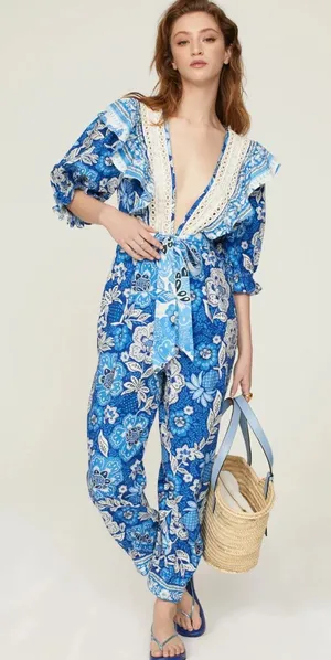 Farm Rio‎ Floral Linen Jumpsuit Tropical Puff Sleeve Women Medium NWT Blue White thumbnail 1