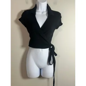 Reformation Sidra Knit Top Black Ribbed Wrap‎ Cropped Short Sleeve Small S USA thumbnail 2