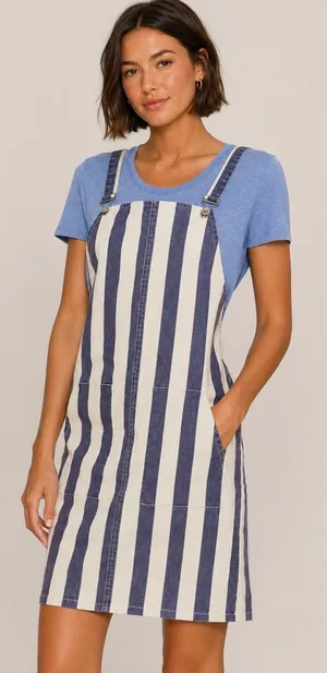 Vince Camuto Blue White Striped Denim Overall Pinafore Dress Size XS Preppy thumbnail 1