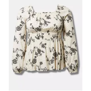 Torrid Peasant‎ Blouse Size 2 Smocked Waist Long Sleeve Floral Black White thumbnail 5