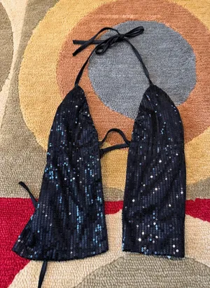 NWOT Ediked Estelle Open Back Sequin Top Black Tie Back Very Low Cut Size XS thumbnail 1