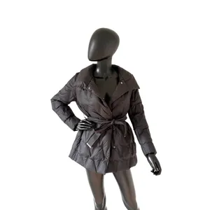 Black Down Puffer Jacket Shawl Collar Wrap Belt Winter Outerwear Coat Parka Size M thumbnail 2