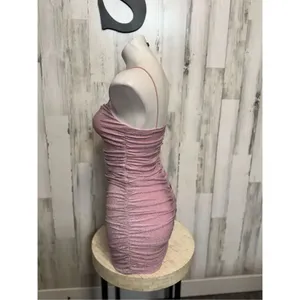 Pink Glitter Ruched Bodycon Mini Dress Spaghetti Strap Party Club Size S thumbnail 2