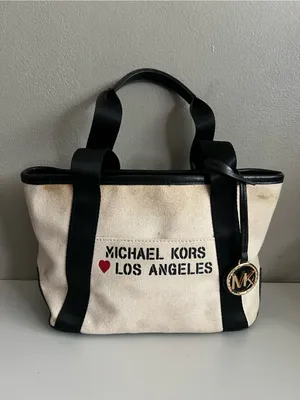 Michael Kors Small Off White Canvas Los Angeles Heart Tote Bag Black Trim Rare thumbnail 2