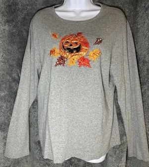 White Stag Women's Halloween T Shirt Black Long Sleeve Pumpkins Size XL thumbnail 1