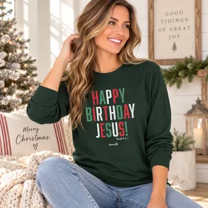 Blessed Girl Womens Happy Birthday Jesus Christmas Long Sleeve Tee Green Size L thumbnail 1