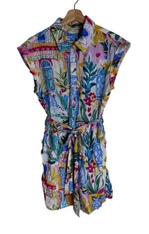 Dress Forum Women's Tropical Floral Mediterranean Print Romper Multi L thumbnail 1