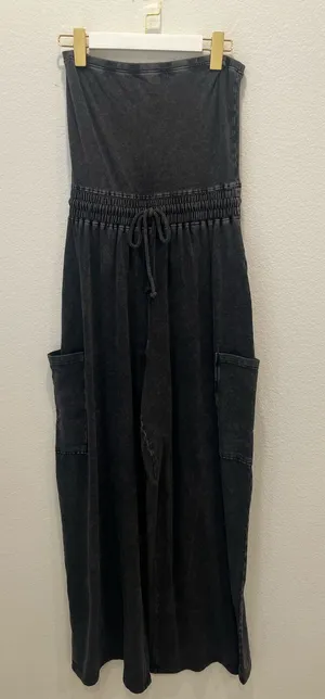 Strapless Black Acid Wash Wide-Leg Jumpsuit with Pockets by Double Zero Size M thumbnail 1
