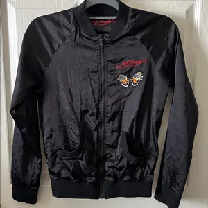 Ed Hardy Womens Bomber Jacket Black Zip Roar Embroidered Butterfly‎ Eyes Vintage thumbnail 1