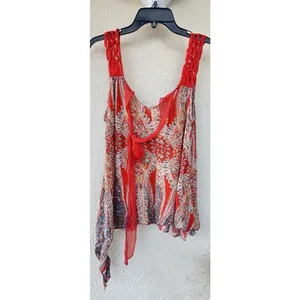 Free People Red Boho Paisley Print Festival Tank Draped Flowy Tie Back Women’s M thumbnail 3