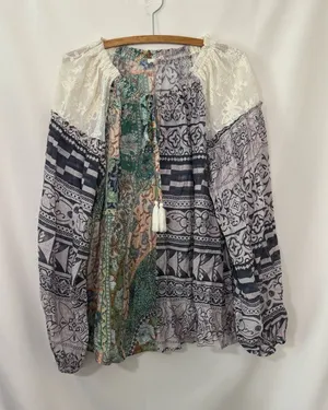 Easel Patchwork Blouse Size 1X Multicolor Boho Long Sleeve Lace Trim thumbnail 1