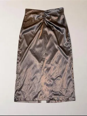 Commense Size L Chocolate Brown Satin Ruched Midi Skirt Slit thumbnail 3