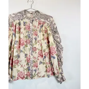 Free People Womens Beige Maraya Floral Paisley Puff Sleeve Blouse Boho Small thumbnail 7
