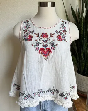 Boho floral Embroidered Cotton Tank Top Fringe Hem Tassel‎ Tie cream thumbnail 1