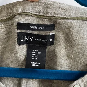 Jones New York Linen Tunic Women Large Olive Green Coastal Boho Henley Roll Tab‎ thumbnail 3