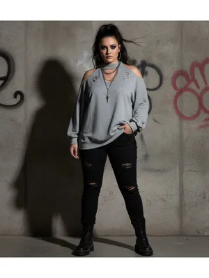 Edgy Gray Cold Shoulder Cutout Sweatshirt XXL Long Sleeve Top Distressed thumbnail 10
