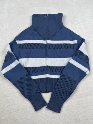 SO Striped Full Zip Open Knit Mock Neck Sweater Blue White Size M thumbnail 1