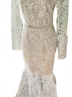 Elegant Ivory White & Nude Embroidered Lace Bohemian Dress With Rhinestone Belt thumbnail 6