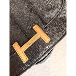 Halston Black Pebbled Faux Leather Crossbody Shoulder Bag Logo Strap Gold Tone thumbnail 3