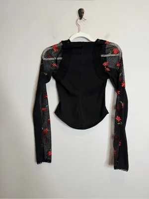Free People Jolie Thermal Top XS Black Floral Mesh Lace Long Sleeve Boho thumbnail 6
