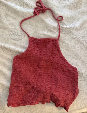 American Eagle Salmon Pink Smocked Crop Halter Tie‎ Top thumbnail 1