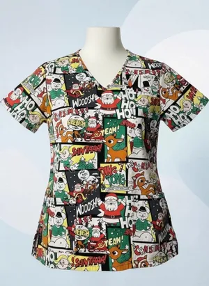 Rudolph Red Nosed Reindeer Christmas Scrub Top Comic Strip Holiday Womens XS thumbnail 1