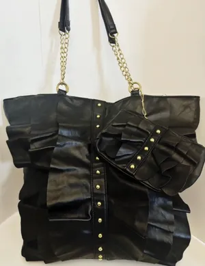 Designer Shoe Warehouse Black Faux Leather Ruffled Shoulder Tote Bag + Matching Pouch thumbnail 1