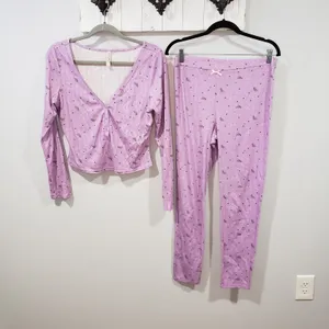 For Love & Lemons Pointelle Pajama Set Womens L Pink Floral Long Sleeve Lounge thumbnail 2