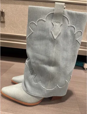 PrettyLittleThing Light Blue Denim Western Ankle Boots thumbnail 1