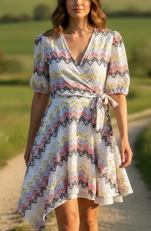 N12H White Eyelet Mini Wrap Dress XS Fit & Flare Cotton Zigzag Cottage $260 thumbnail 1