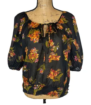 Edme & Esyllte Anthropologie Black‎ Floral Peasant Blouse Puff Sleeve Size 10 thumbnail 1