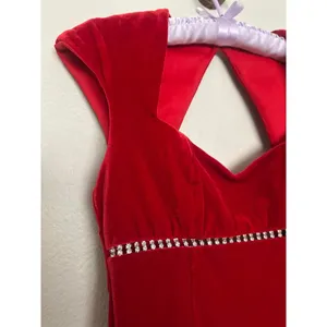 Vintage 90s Sz 4 Red Velvet Rhinestone Empire Waist Cap Sleeve Maxi Dress Gown thumbnail 5