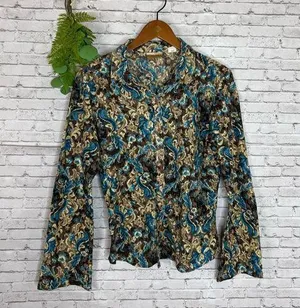 Vintage Wrangler Brown and Teal Paisley Floral Lace Bell Sleeve Blouse thumbnail 1