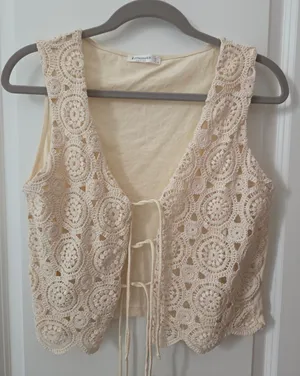 Stradivarius Cream Women's Tank Top Cottagecore Boho Y2k Size L thumbnail 1