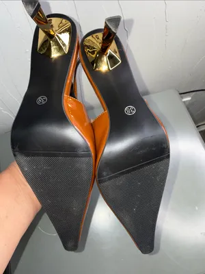 Ding Xiang Pointed Patent Slingback Heels in Cognac by thumbnail 8