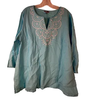 JM Collection Blue 100% Linen Beaded Embroidery Tunic Top XL 3/4 Sleeve Boho thumbnail 1