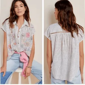 ANTHROPOLOGIE Pilcro Serena Surf Henley Linen Blend Blouse Size XS thumbnail 2