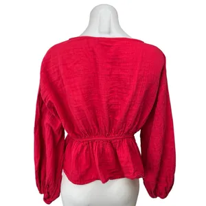 ASOS Design Red Long Sleeve Smocked V-neck Tie Front Peplum Shirt Blouse Top 10 thumbnail 2