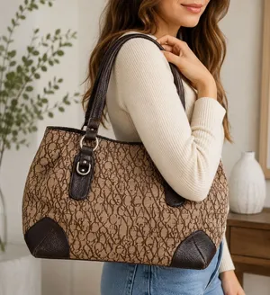 New York & Company Tan Brown Monogram Print Shoulder Tote Bag Purse thumbnail 1