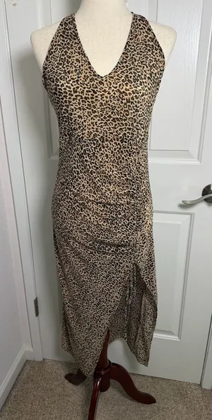 Leopard Print V-Neck‎ Slip Dress in Tan and Black thumbnail 1