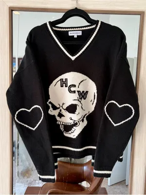 Heaven Can Wait Skyfall Sweater Black and White size Large Heavy Comfy Goth Dark thumbnail 1