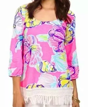 Lilly Pulitzer Alia fringe long sleeve tropical pink floral size small‎ thumbnail 1