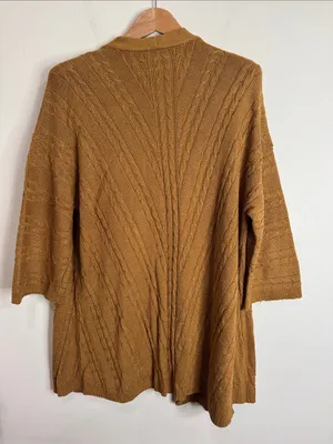 J. Jill Cable-Knit Open-Front Cardigan½ Sleeves Sweater Cotton Blend Mustard L thumbnail 3